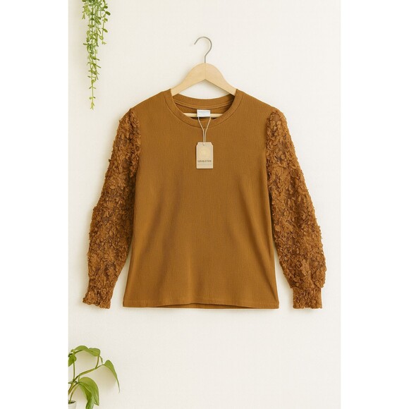 Grace & Emma Tops - Grace & Emma Lace Sleeve Top L Rust Brown Knit Blouse Fall Casual Romantic NWT